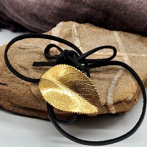 Johnny Was Jewelry Black Leather Necklace Designer 14kt Gold Plated Leaf